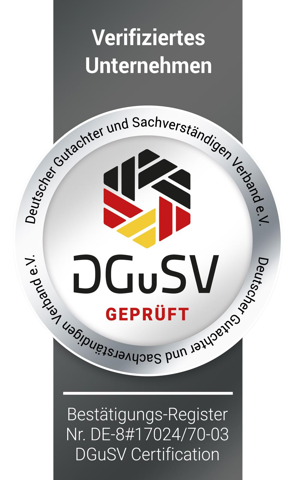 DGuSV Geprüft - Verifiziertes Unternehmen - Bestätigungs-Register Nr. DE-8#17024/70-03