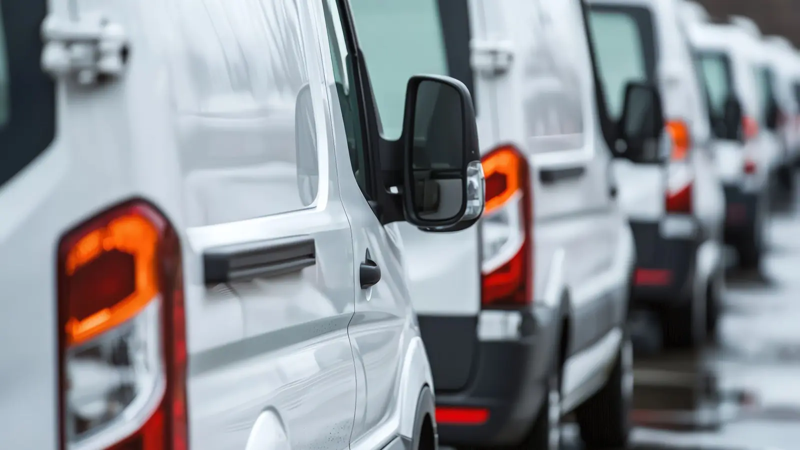 Reihe weißer Transporter eines Fuhrparks