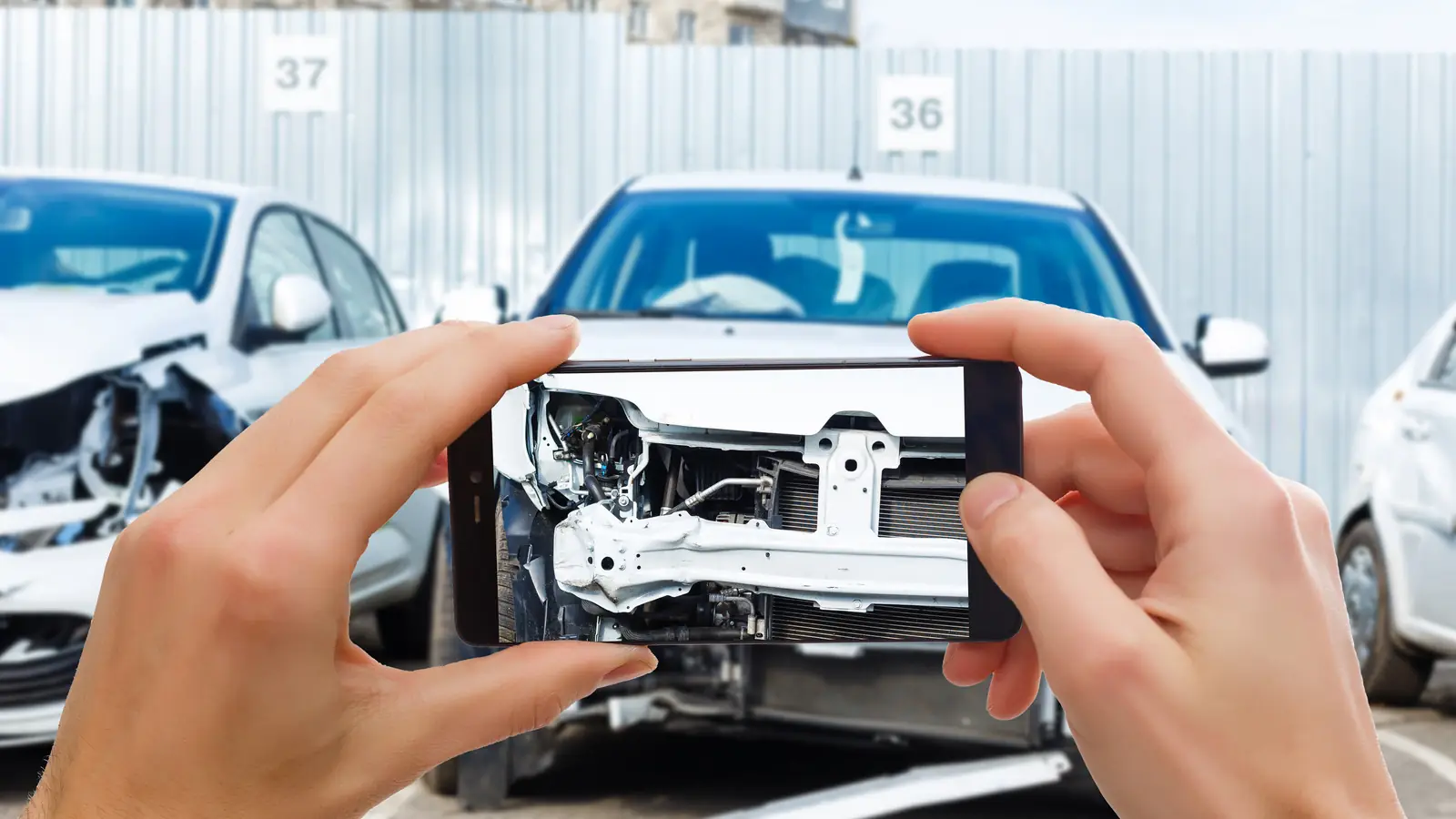Unfallschaden an der Front eines Autos wird mit dem Handy fotografiert
